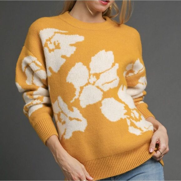 Umgee Floral Long Sleeve Sweater Floral Pattern Mustard Sweater Sz Medium - Picture 1 of 7